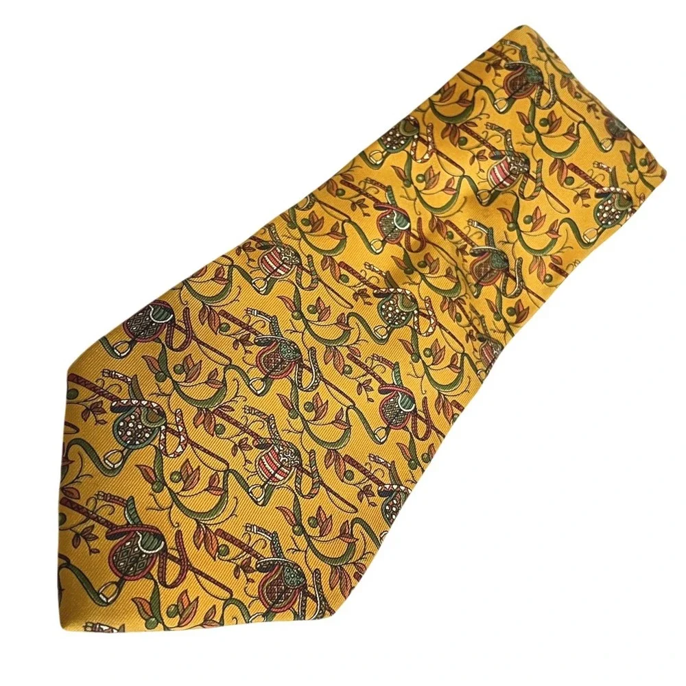 Yellow Salvatore Ferragamo Equestrian Race Horse Saddle Neck Tie Silk Italy 3.5